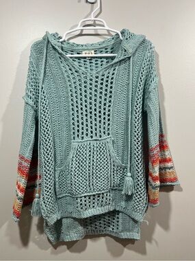 POL Light Teal Open-Knit Hoodie Coverup with Striped Sleeves Small